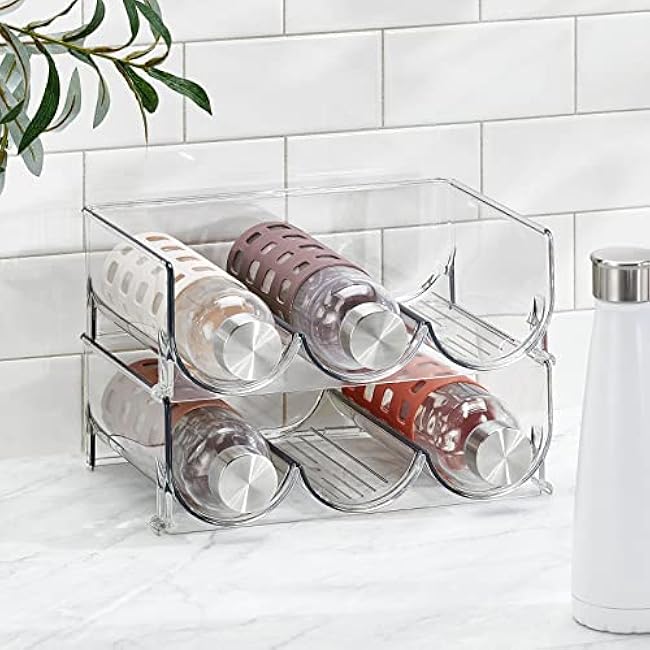 mDesign Plastic Free-Standing Stackable 3 Bottle Storage Holder Rack - Water, Wine, and Drink Organizer Shelf for Kitchen Countertop, Cabinet, Pantry, Fridge, Freezer, 4 Pack - Clear