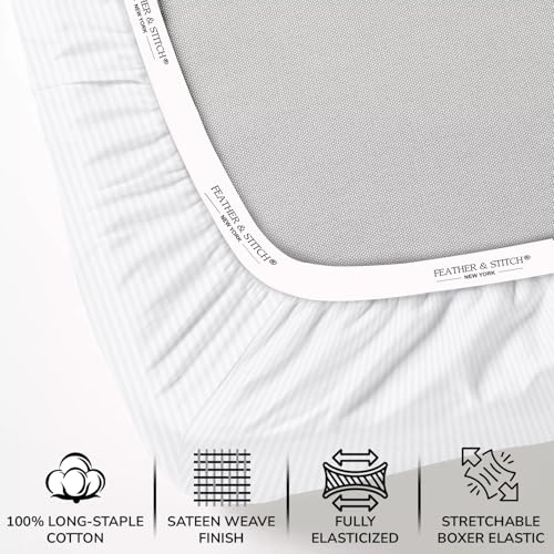Image of Feather & Stitch 500 TC Queen Size Damask Bed Sheet Set, 100% Cotton Soft Breathable Bedsheets, 4 Piece 18 inch Deep Pockets Sateen Weave Striped Bedding Mattress Resort Hotel- (White Stripe)