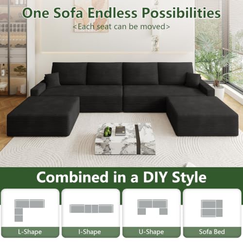 Image of Oversized Modular Sectional Sofa Couch, Large 6 Seater Corner Sofa Modern U Shaped Sectional Couch with Ottoman Cloud Couches for Living Room, Office, Spacious Space, Corduroy, No Assembly, Black