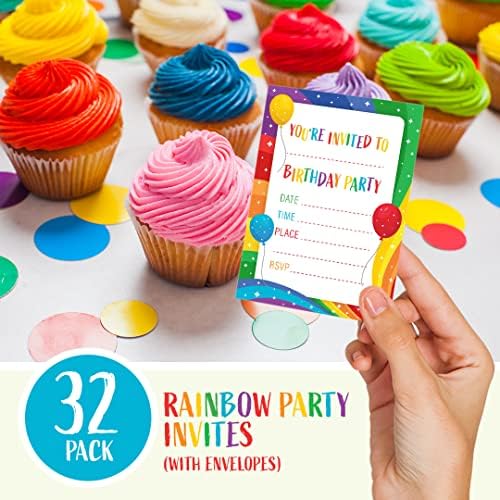 32 Rainbow Party Invites - Kids Childrens Birthday Party Invitations with Envelopes  Designed and Printed in the UK