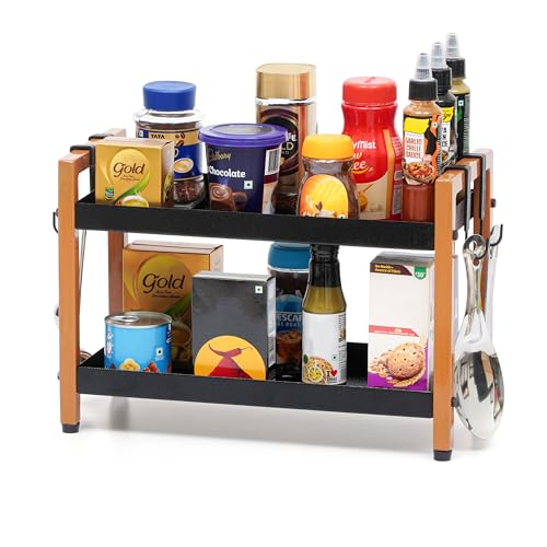 Image of Livzing Metal 2 Tier Spice Rack for Kitchen Space Saving Countertop Storage Racks Cosmetics Organizer Kitchen Shelf Bathroom Organizer Stand Multipurpose Tiered Shelves With Plastic Hooks- Black
