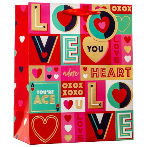 Design By Violet Love OXOX Valentine’s Large Gift Bag – Colourful Heart Design with Gold Foil Detail and Ribbon Handle, Romantic Valentine’s Day Gift Bag for Presents