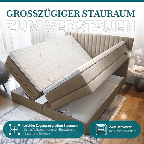 TRADA Boxspringbett ADÈLE 140 x 200 cm – elektrische Bett mit Matratze + Tooper und Bettkasten - Stoffbezug Veloursstoff - Hellgrau - 140 x 200 cm – Bild 6