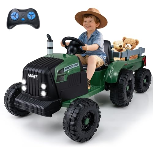 COSTWAY Elektro Traktor mit Anhänger, 24V Aufsitztraktor elektrisch inkl. Fernbedienung, Kindertraktor mit Musik, USB, Sanft-Start & LED Lichtern, Elektrotraktor für Kinder ab 3 Jahren (Dunkelgrün)