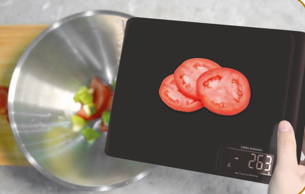 LITTLE BALANCE 8399 Chef 5 Trio USB Küchenwaage, Wiederaufladbar USB, 3-in-1 Waage, Schneiden, Wiegen, Ausgießen, alles in einer einzigen Küchenwaage, 5 kg, Schwarz & Bambus