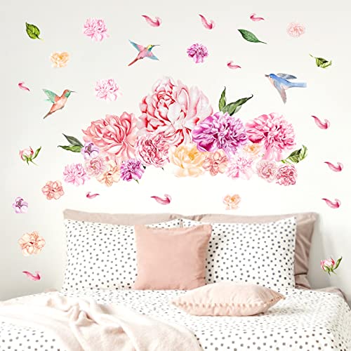 Colorful Floral Wall Decals Large Peony Flower Wall Stickers Peel And Stick Spring Pink Flowers Wall Decals Watercolor Birds Floral Flower Wall Stickers For Girls Room Bedroom Nursery Decor #TOP3