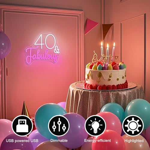 Image of 40&Fabulous LED Neon Sign Pink Light Up for Birthday Party Wall Decoration | 14.4IN*12.5IN,Five level brightness adjustment,USB power,For Bar,Club,Pub,Personal space,Birthday party,Ladies' Room,Salon