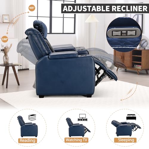Image of ANJ Power Home Theater Seating Recliner chairs, PU Leather Recliner with Cup Holder, Electric Movie Theater Reclining Chairs with Adjustable Powered Headrest, Blue LED, Hidden Arm Storage (Black-Blue)