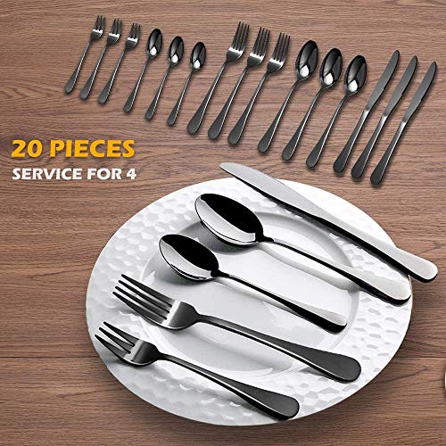 Black Silverware Set, Elegant Life 20-Piece Stainless Steel Flatware Cutlery Set, Knife Fork Spoon Flatware, Mirror Finish, Smooth Edge, Service for 4, Mirror Polished (Black)