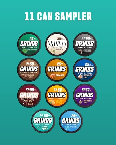 Image of Grinds Coffee Pouches | All-in-One 11 Can Variety Pack |Wintergreen, Double Mocha, Root Beer, Sweet Mint, Vanilla, Caramel, Orange Citrus, Espresso Double Shot, Cinnamon Roll, New Orleans, & Spearmint