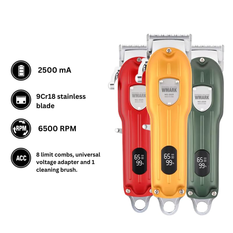 Image of WMARK NG-2025B Salon Series Professional Metal Body Cordless Hair Clipper Digital Display 6500 RPM Powerful rotary Motor High Carbon steel 6 Guide Comb Taper Lever Adjustment Runtime: 240 min, Model 1