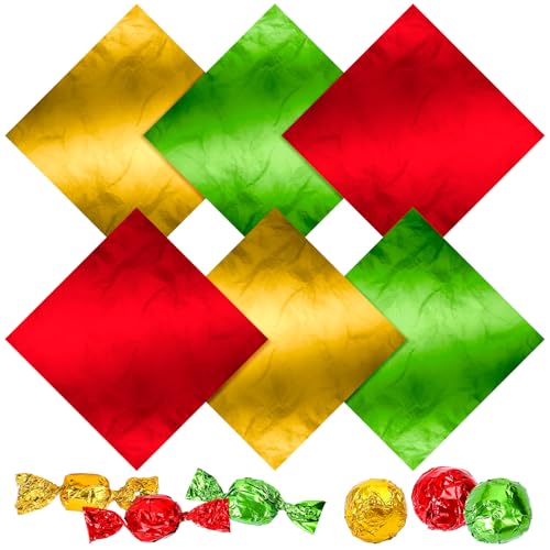 Whaline 300Pcs Christmas Foil Chocolate Candy Wrappers Red Green Gold Aluminum Foil Paper Wrapping 3.9 x 3.9 Inch Square DIY Packaging Paper Decoration for Xmas Candy Lollipop Packaging
