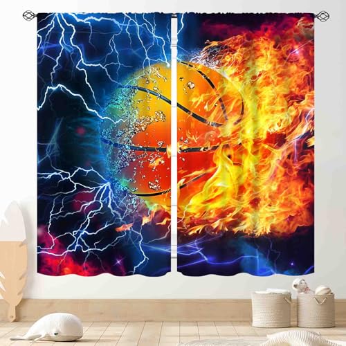 Basketball Curtains for Boys Bedroom, Sports Ball Game Fire Flash