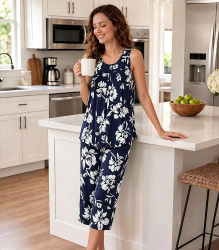 Image of NACHILA Pajamas for Women-Viscose Made from Bamboo, Sleeveless Pjs Tank Top Capri Pants Pajama Sets Cooling Sleepwear