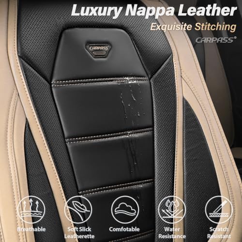 Image of CAR PASS Nappa Leather Car Seat Covers Full Set Faux Leather, Black Beige | Luxury Nappa Leather,360 Full Protection,Water resistant,3D Foam Comfort,Universal Fit for Most Cars SUV Truck,Scratch proof