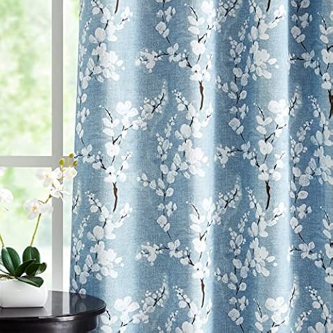 FMFUNCTEX Blue White Blackout Curtains for Living-Room 84inch Floral Printed Window Curtains for Bedroom Thermal Insulated Energy Saving Blossom Curtain Panels 50w 2 Pcs Grommet Top Cover