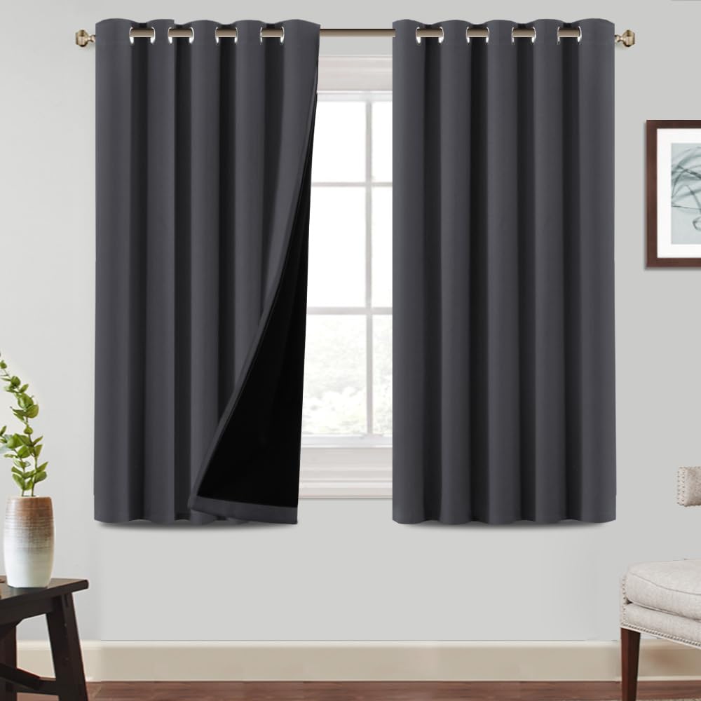 BellaHills 100% Blackout Curtains for Bedroom Thermal Insulated Blackout Curtains Heat and Full Light Blocking Eyelet Curtains for Living Room with Black Liner 2 Panels