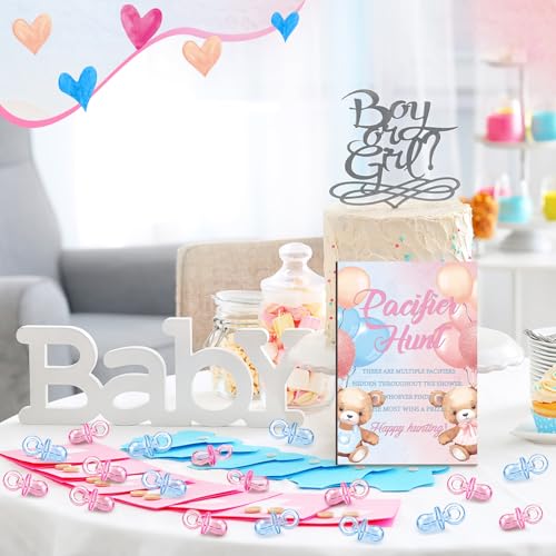 Image of Thyle 51 Pcs Bear Pacifier Hunt Baby Shower Games Include Hunt Sign and 50 Acrylic Pacifiers for Pink and Blue Baby Shower Game Decoration Sets Gender Reveal Newborn Announcement Party Decor