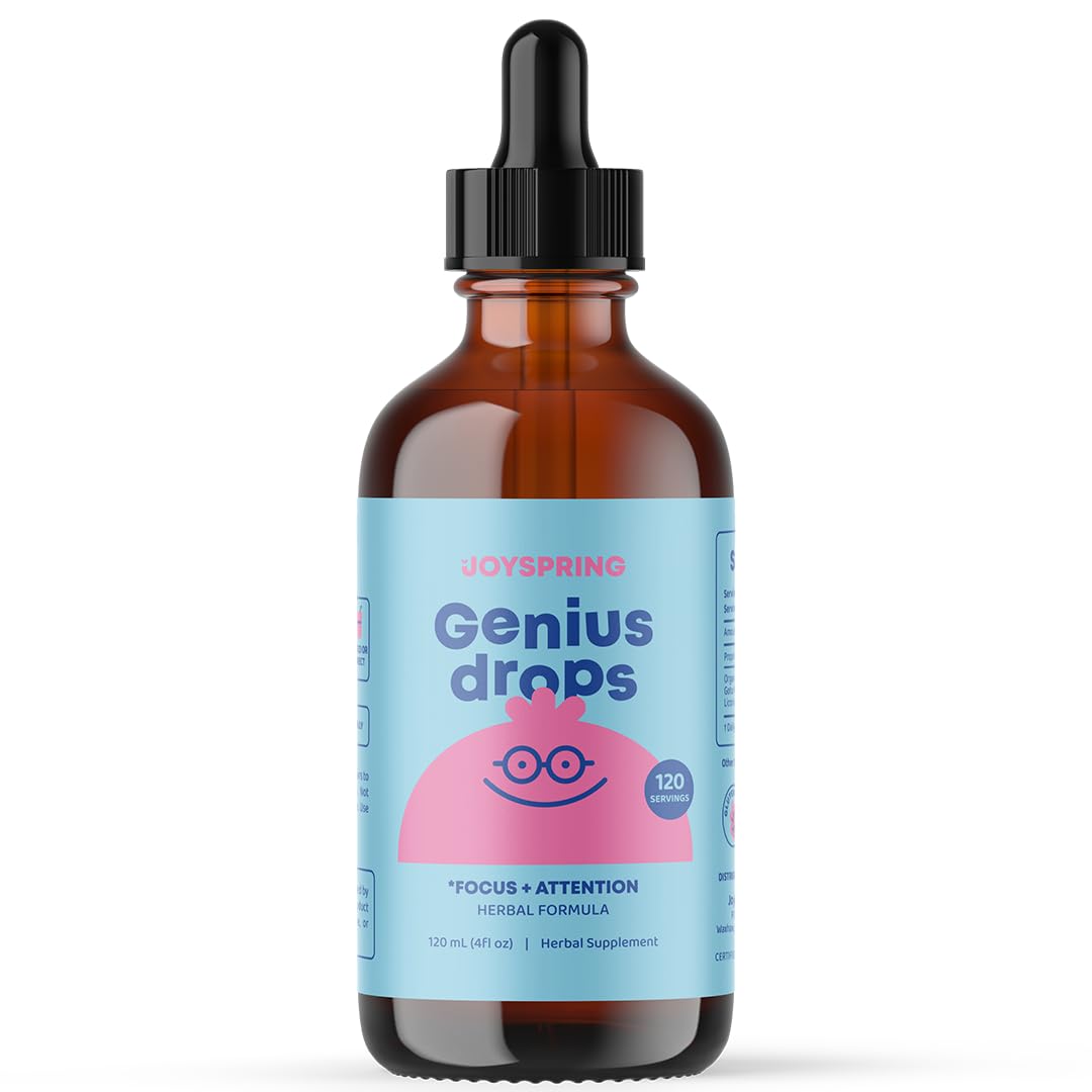 JoySpringGenius Drops - Organic Focus Drops for Kids | Clinically Proven Focus Supplement Helps Kids Perform Better in School | Liquid Herbal Supplement with Ginkgo Biloba (4 fl oz) 120 Servings