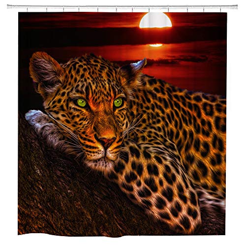 hipaopao African Safari Leopard Shower Curtain Wildlife Animal Cheetah Fabric Shower Curtains Sets Bathroom Decor with Hooks Waterproof Washable 72 x 72inches Red Brown Black