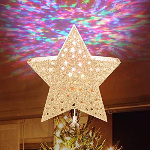 EAMBRITE 23 cm Weihnachtsbaum Stern Deckel Hohle Christbaumspitze Weihnachtsbaumspitze Goldene Sternschale Mit Rotierendem Magischem Mehrfarbigem Wasserwellenprojektor Für Weihnachtlicher Baumschmuck Cover