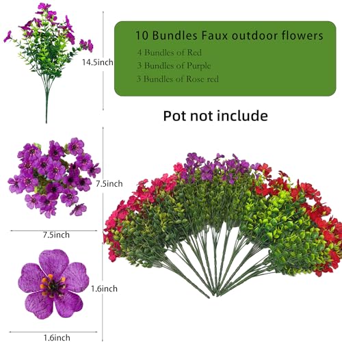 Lokediren Outdoor Fake Flowers UV Resistant, No Fade and Weatherproof Silk Outdoor Artificial Flowers for Spring Porch Garden Patio Window Box,Big Savings on Money & time,10 Bundles （Red Purple Rosy） — view 4