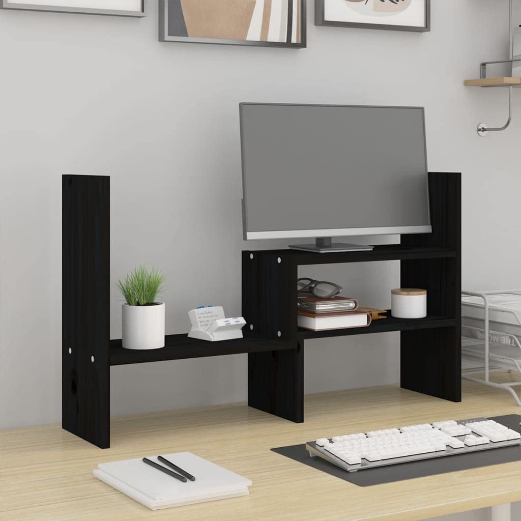 Support d'écran noir en pin massif réglable 39-72 x 17 x 43 cm avec espace de rangement pour clavier et support pour ordinateur portable, idéal pour le bureau, le bureau à domicile, les jeux