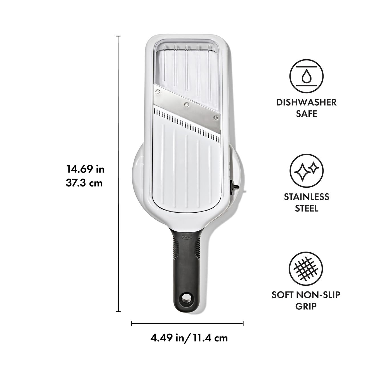 Mandolina OXO Good Grips portatile con lama regolabile 5 posizioni per affettare e julienne, impugnatura antiscivolo, lavabile in lavastoviglie, facile da riporre