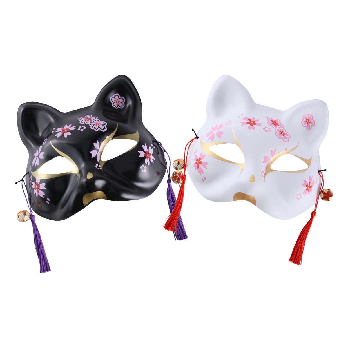 FOMIYES 2pcs Japanese Styled White Sakura Cat and Black Sakura Cat Masks, Hand-painted Halloween Cosplay Face Pieces, Party Props for Dressing and Festival Accessories
