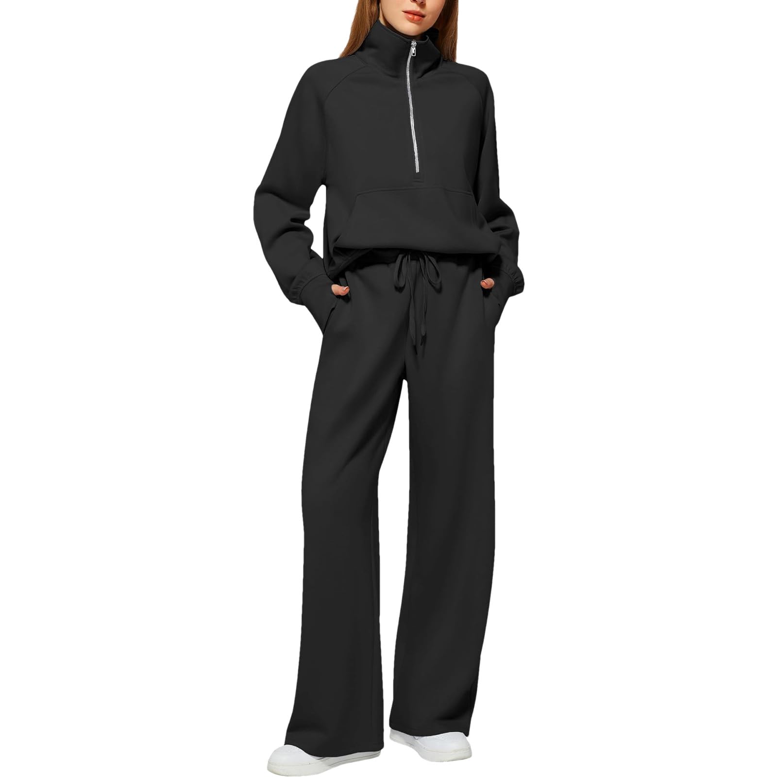 Momuk Donna 2 Pezzi Set di Tute da Donna Felpe Casual con Risvolto e Mezza Zip e Pantaloni a Gamba Larga Set da Salotto Tuta da Ginnastica