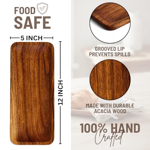 Image of SAAGA Acacia Solid Wood Rectangular Serving Platter Set of 4 | 12 x 5 Inch Wooden Serving Tray for Snacks, Fruits, Desserts & Appetizers | Multipurpose Acacia Wood Food Platters | Ohio Collection