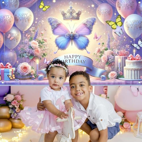 Image of Happy Birthday Banner for Women Girl | Butterfly Floral Theme Backdrop 71x43.3 inch polyester fabric; reusable; ideal photo decor for girls & women birthday parties