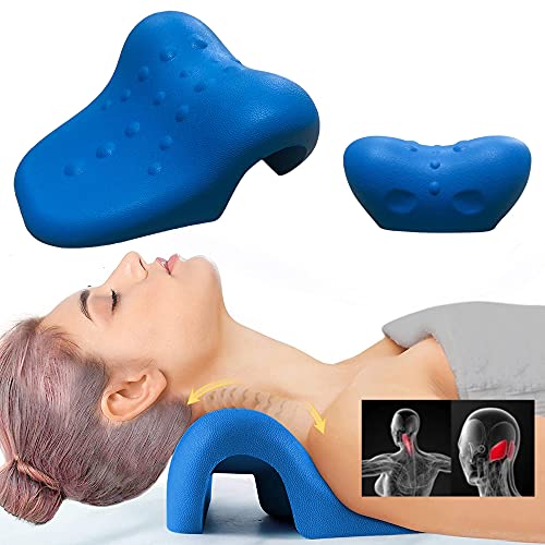 Neck Stretcher for Pain Relief, Neck and Shoulder Relaxer, Cervical Traction Device Pillow for TMJ Pain Relief and Cervical Spine Alignment, Chiropractic Pillow with Acupressure Point (Dark Blue)