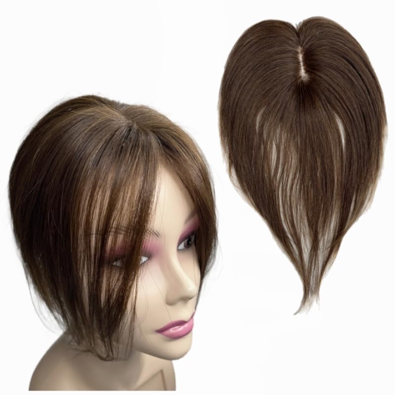 Anemone Human Hair Topper Clip in Hair Bangs for Women 10 inches Mid Part Straight Wiglets Hairpieces Toupee for Mild Hair Loss Volume Extensions (Brown)
