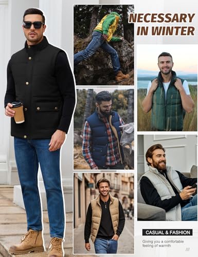 Lonya Weste Herren Winter Wasserabweisend Steppweste Leicht Ärmellose Jacke Fleeceweste Stehkragen Thermoweste Wärme Arbeitsweste Bodywarmer Vest Outdoor mit Taschen, Schwarz, L
