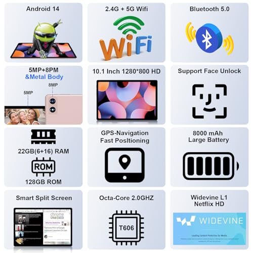 2025 Tablet 10 Inch Android 14 Tablets with Keyboard, 22GB RAM 128GB ROM, Widevine L1, Octa-Core, 8000mAh Battery, 5G Wifi, HD IPS Display, TF 1TB, GPS, Mouse, Case, Split Screen, Metal Body -Gold - Image 4