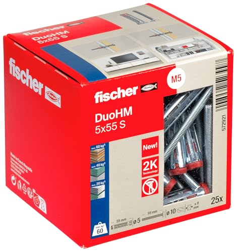 fischer Hohlraumdübel DuoHM 5 x 55 S PZ, Plattendübel mit metrischer Panheadschraube und PZ-Antrieb zum Befestigen von TV-Halterungen, Leuchten, Wandregalen, uvm. in Plattenbaustoffen, 25 Stück