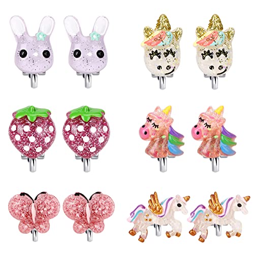 Unicorn Clip On Earrings for Little Girls, Bling Butterfly and Strawberry Earrings, Toddler Girls Dress Up Jewelry, 6 Pairs, Best Gift-C