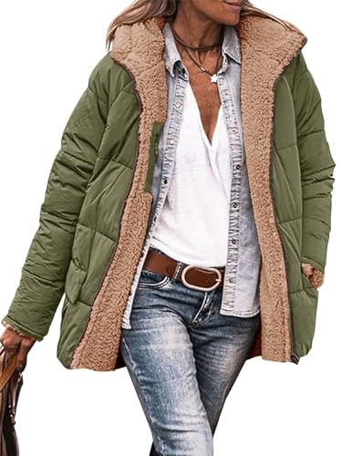 Tankaneo Womens Reversible Puffer Jackets Sherpa Lined Fleece Winter Coats Casual Zip Up Hooded Warm Outerwear