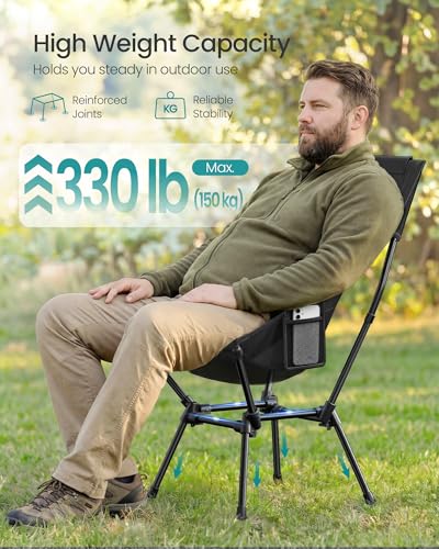 Image of SONGMICS Lightweight Backpacking Chair, Adjustable Height, Steel Frame | 330 Lb Capacity, 2 Storage Pockets, for Outdoor Travel, Black UGCB051BZ01