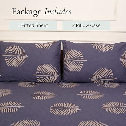 Image of Amazon Brand - Umi Cotton Fitted Bedsheet, Queen Size 78x60 Inches, Elastic Fit Bed Sheet, 10 Inch Deep Pocket, Soft Breathable Bedding, Durable Easy Care, with Pillow Cover-Mist Palm