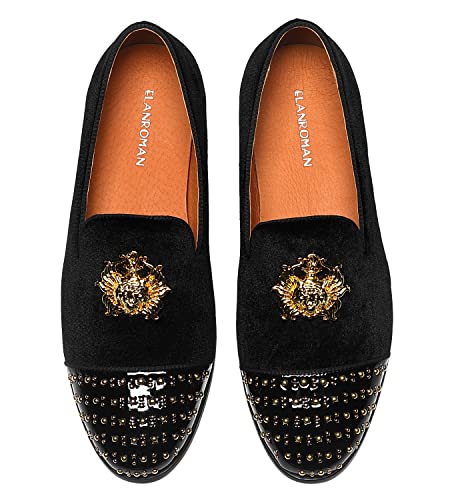 ELANROMAN Men's Loafers Gold Buckle Wedding Party Prom Velvet Dress Shoes2