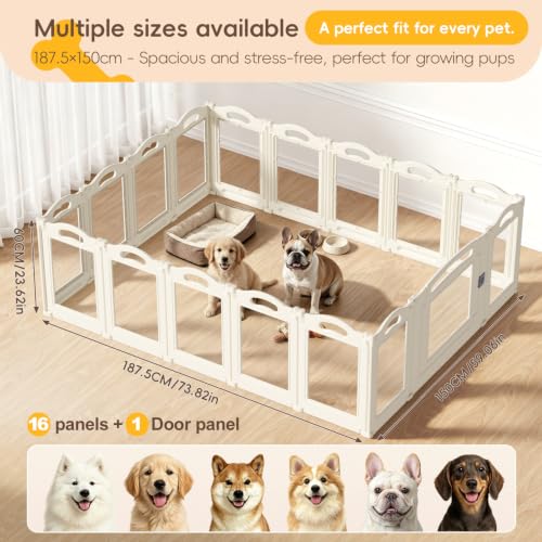 Image of Foldable Clear Acrylic Dog Playpen with Door, 23.6 inch Acrylic Puppy Playpen, Easy Assemble Indoor Pet Fence with White Frame, Clear Dog Playpen for Puppies & Animal (White, 23.6'H, 16 Panels + 1 Door)