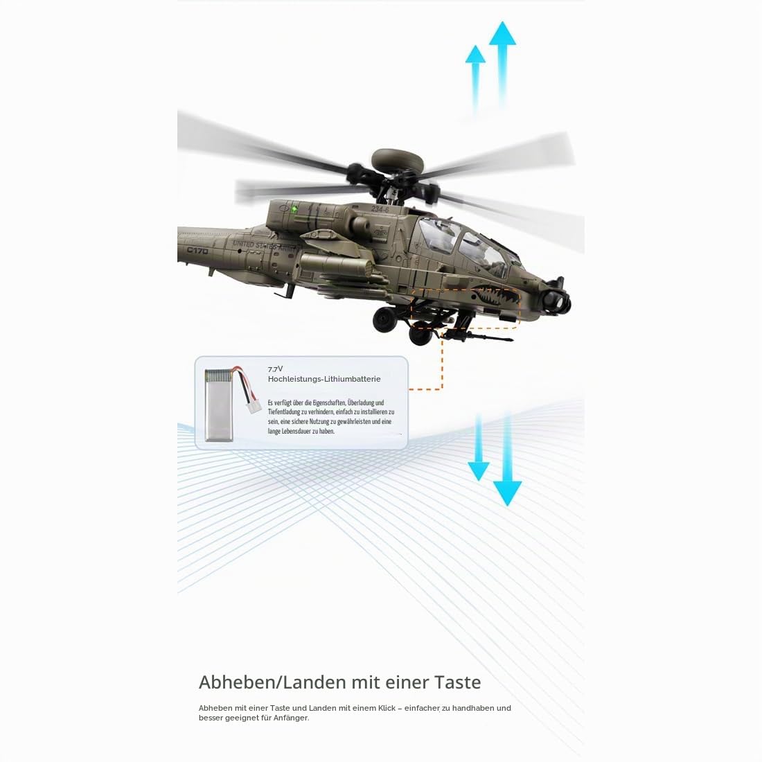 C170 AH-64D RC Hubschrauber im Maßstab 1:48 mit Ein-Tasten-Rückwärtsflug, 6-Kanal Flybarless Brushless RC Helikopter mit optischem Fluss und TOF-Höhenhaltung für Modellbauer - Armeegrün / 4 Batterie