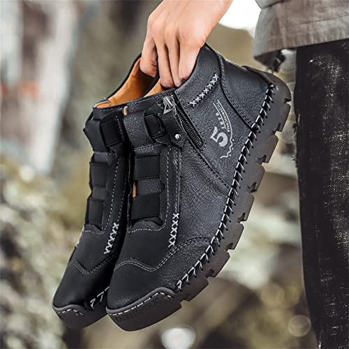 Black Leather Shoes for Men Casual Ankle Lace up Boots Slip on Lightweight Loafers Mid Top Walking Sneakers2