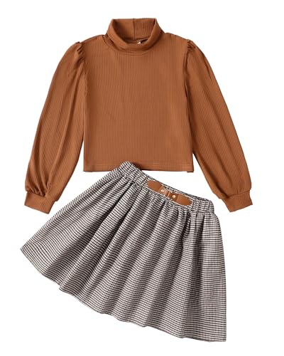 Girls 2-piece plaid skirt set with puff sleeve top