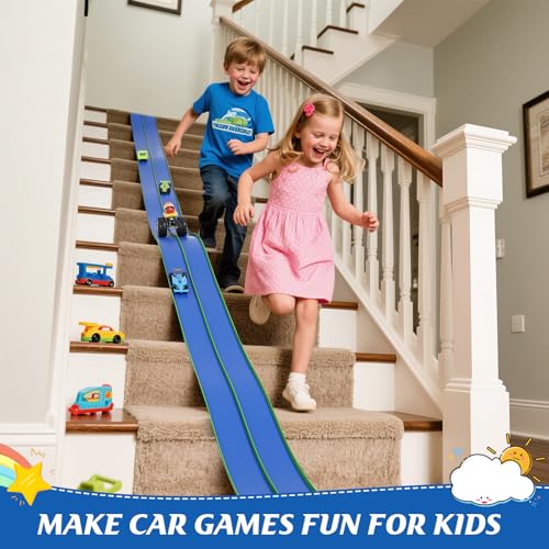 Image of Flexible Race Car Track 15 Ft Starter Set with Suction Cups Compatible with Diecast 1 /64th Car for Ages 3 & Up Track Long Rolls Up Portable Racetrack