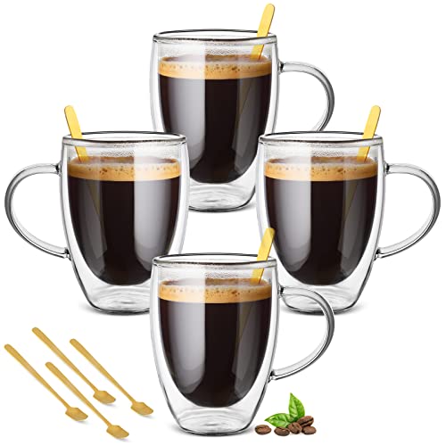 Cappuccino Glass Mugs, (Set of 4) 350ml Double Walled Espresso Mug Cups Glass Mug Set including 4 Golden Spoon