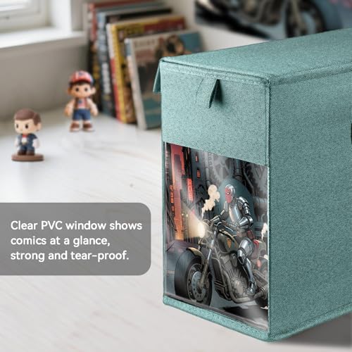 Image of 2 Pack Comic Book Storage Box with Lid for Modern Age, Collapsible Magazine Organizer with Clear Window, Green