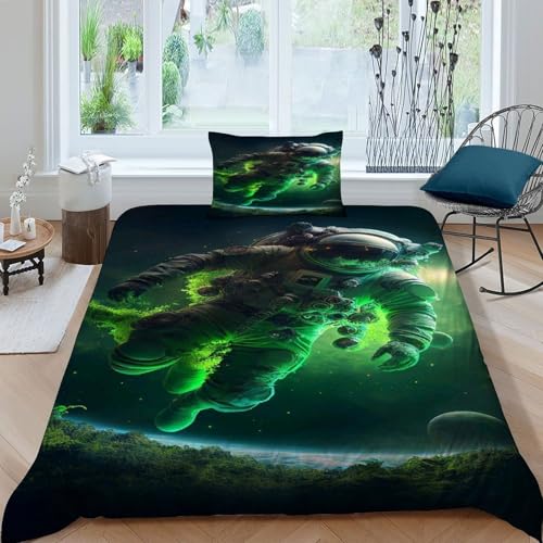 Housse de couette 135x200 verte astronaute parure de lit microfibre 2 pcs